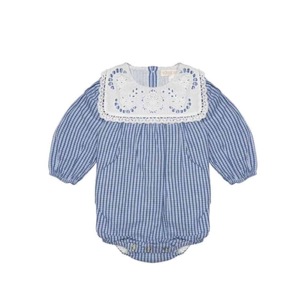 Blue Checkered Romper with Lace Detail